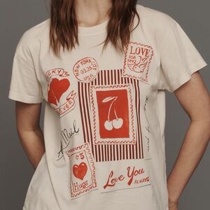 Vintage-Inspired Graphic Tee Valentines Postal stamp- Cream and Red